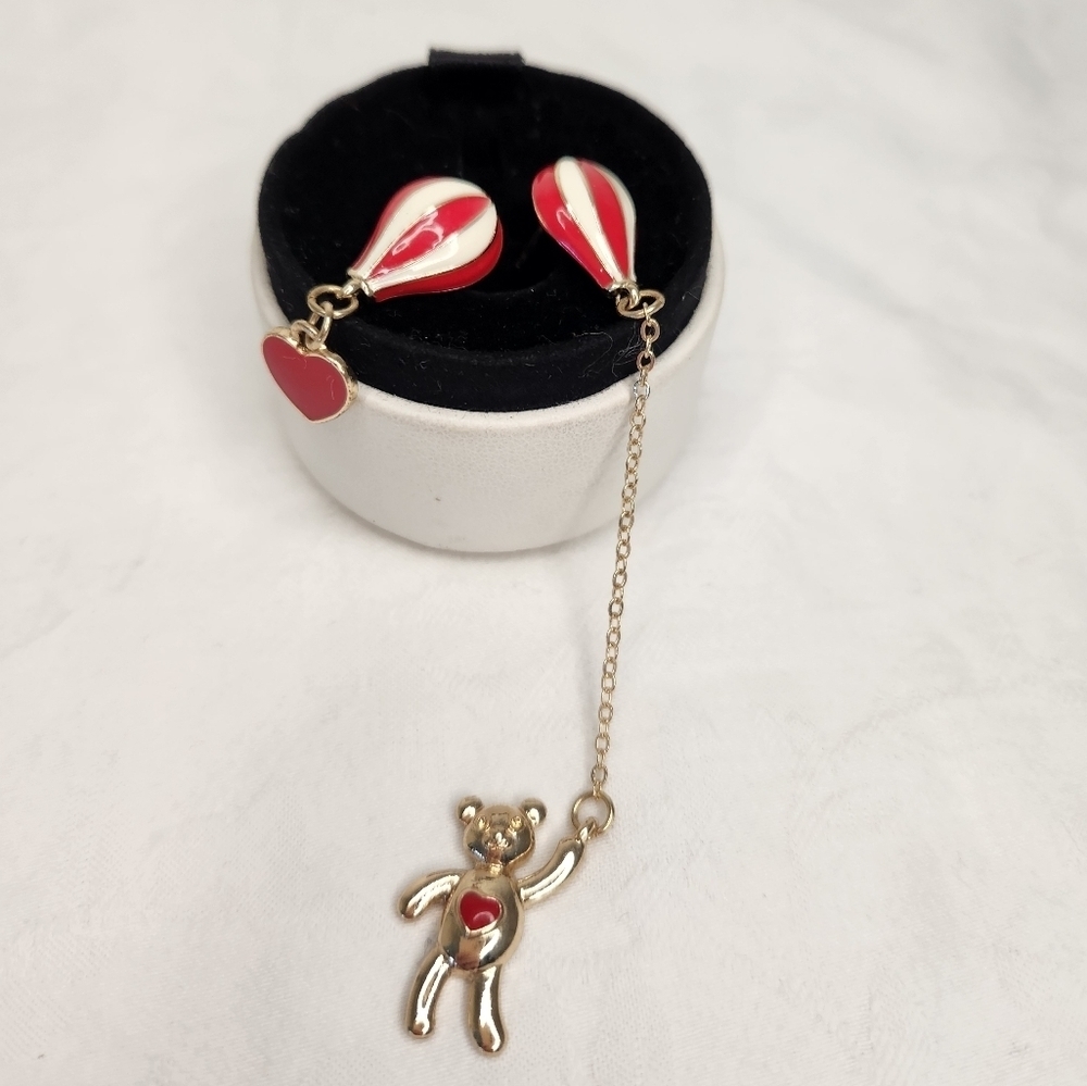 Red Gold Balloon Heart Bear Earrings